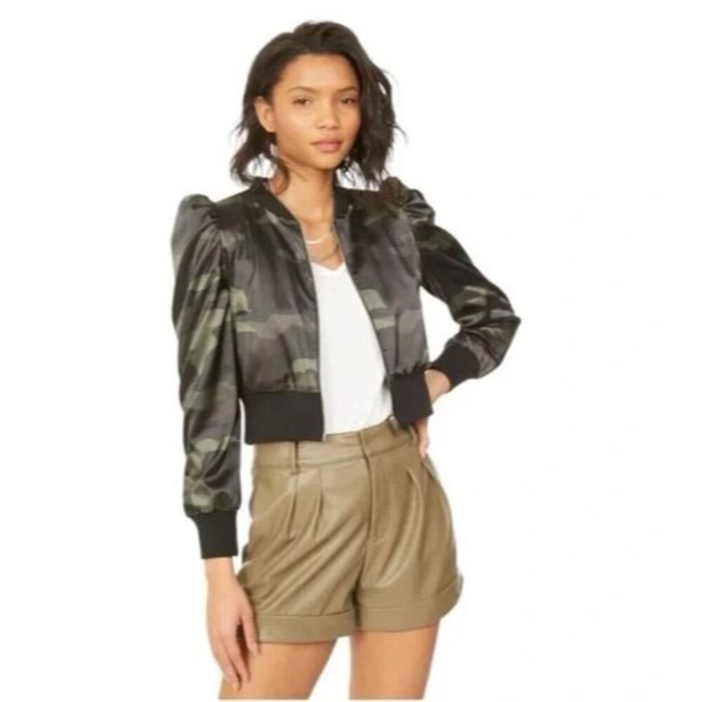 NEW GENERATION LOVE TINSLEY‎ CAMOUFLAGE SATIN BOMBER JACKET $348 GREEN